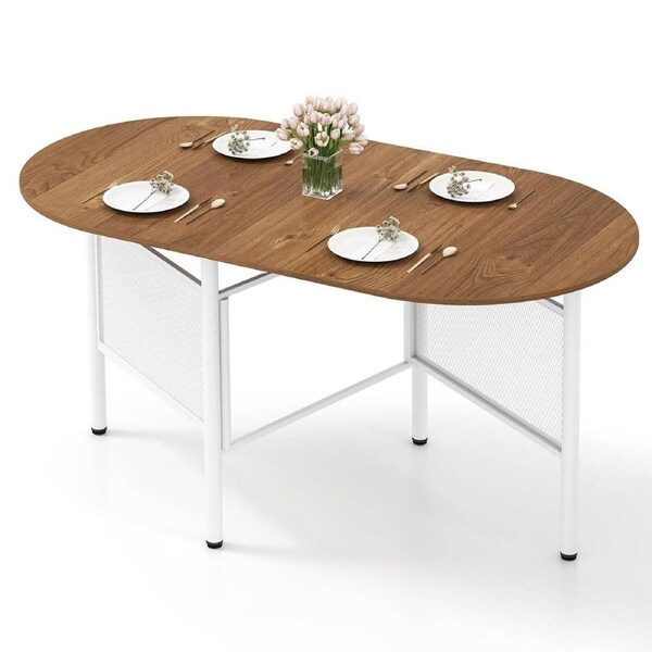 Giantex 150cm Folding Oval Dining Table for 6-8 People Space-Saving Drop Leaf Kitchen Table w/Natural Wood Finish Farmhouse Style Expandable Console Desk