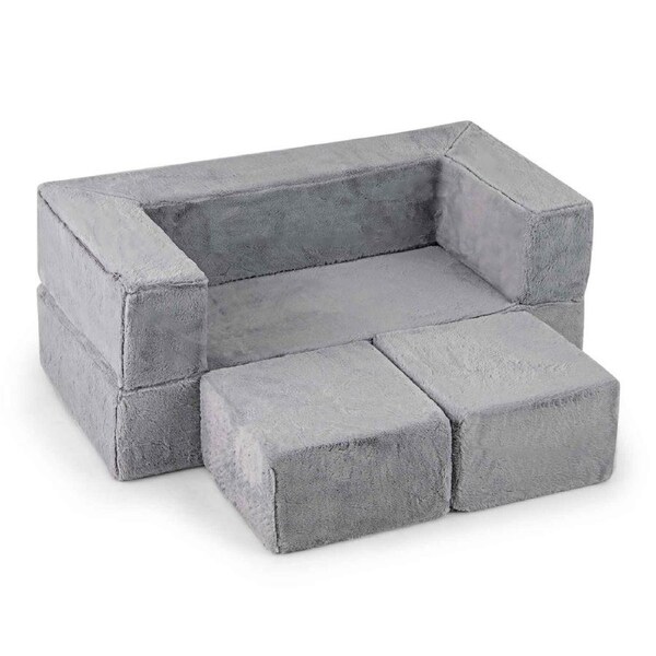 Giantex 3-Piece Modular Kids Play Couch Convertible Foam Sofa Set w/Removable Smooth Zippers Gray Fold-Out Sofa Bed for Nursery Soft Foam Building Blocks