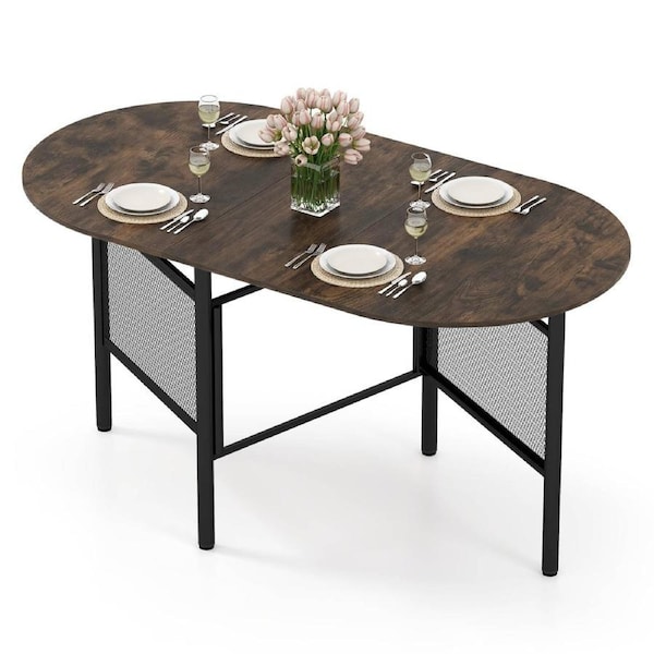 Giantex 150cm Folding Oval Dining Table for 6-8 People Space-Saving Drop Leaf Kitchen Table w/Brown Wood Finish & Black Metal Legs Expandable Console Desk