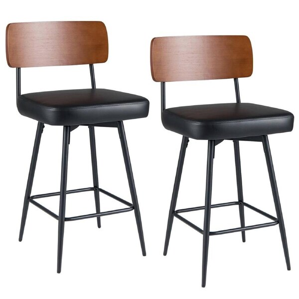 Giantex Set of 2 Padded Counter Barstools 360° Swivel Counter Height Chairs w/Wooden Backrest Metal Legs & Footrest Upholstered High Top Seats