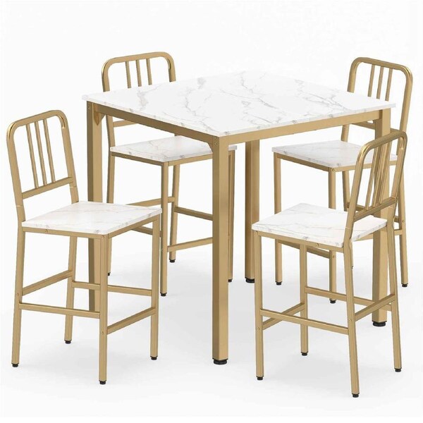 Giantex 5-Piece Counter Height Dining Table Set for 4 Modern Wooden Square Table w/Faux Marble Surface Metal Frame & 4 Bar Stools Space-Saving High Bar