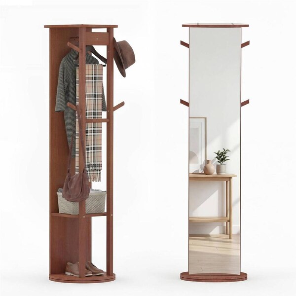Giantex Full Length Solid Wood Standing Mirror w/Coat Rack Clothes Hangers Swivel Floor Mirror Storage Hooks & Open Shelves Hall Tree Organizer