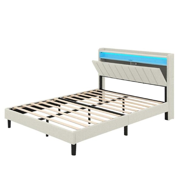 Familand LED Queen Size Bed Frame With Storage Headboard in Cream