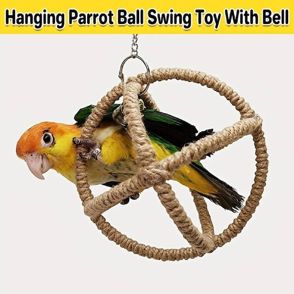Parrot Toy with Ball Ring & Hemp Rope, 17cm - Interactive Chew & Swing Activity