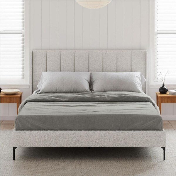 Ivory White Boucle Upholstered Bed Frame with Winged Vertical Lined Bed Head in King, Queen and Double Size Double / Ivory White