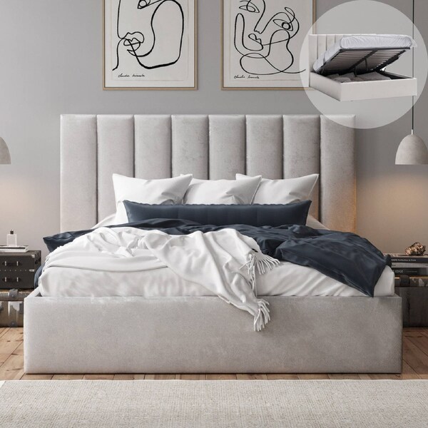 Taupe White Velvet Gas Lift Storage Bed Frame with Vertical Lined Bed Head in King, Queen and Double Size King / Taupe White