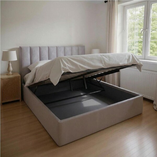 Elise Stone Beige Velvet Gas Lift Storage Bed Frame in King, Queen and Double Size Double / Stone Beige