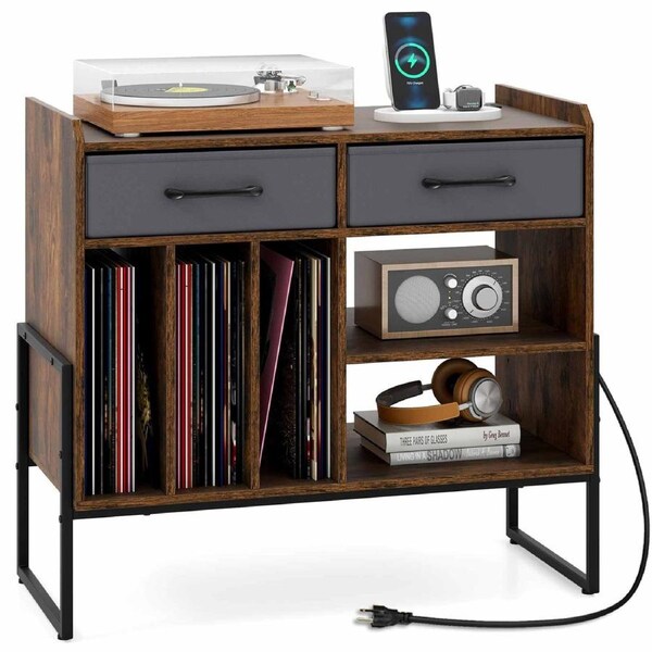 Costway Record Player Stand Vinyl Cabinet w/Charging Station Mid Century 2Drawer Adjustable Shelf for Printer CD Album