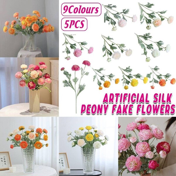 5pcs Artificial Peony Silk Flowers Bouquet Decor Faux Floral Arrangements - Champagne