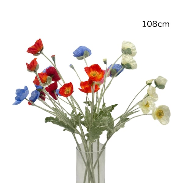Artificial Poppy Flower Stem 15 Assorted, 108cm - Realistic Foliage Decor