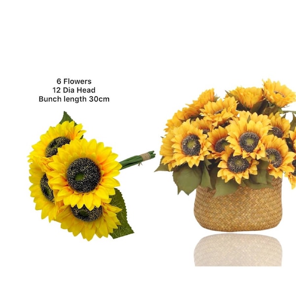 Artificial Sunflower Bunch 6 Flowers - 30cm, Yellow, 12 Pack
