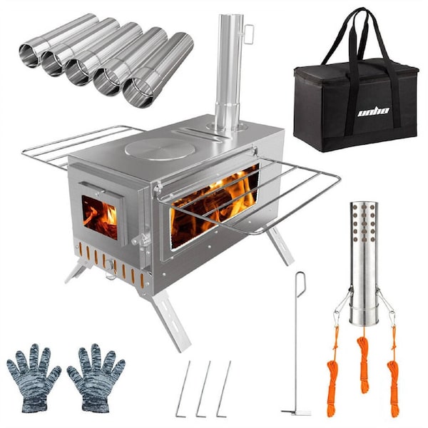 Stainless Steel Wood Burner Stove 20x15x25 cm for Camping w/ Chimney & Bag