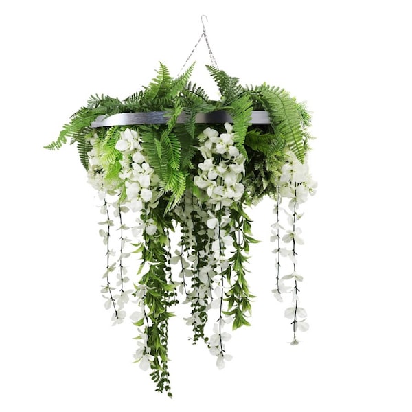 Silver Framed Roof Hanging Disc 60cm with UV Resistant Draping Wisteria Flowers