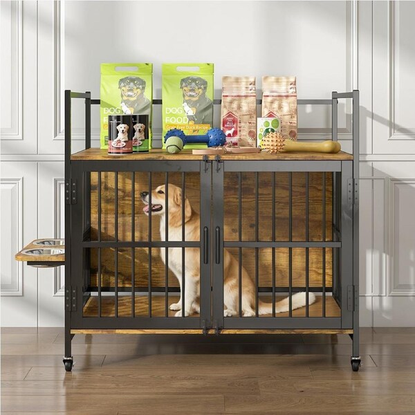 Advwin Rolling Dog Crate Furniture for Small to Medium Dogs Heavy Duty Dog Kennel with 2 Bowls