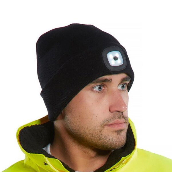 Portwest USB Rechargeable Twin LED Head Light Knitted Beanie Hat Mens Womens B028