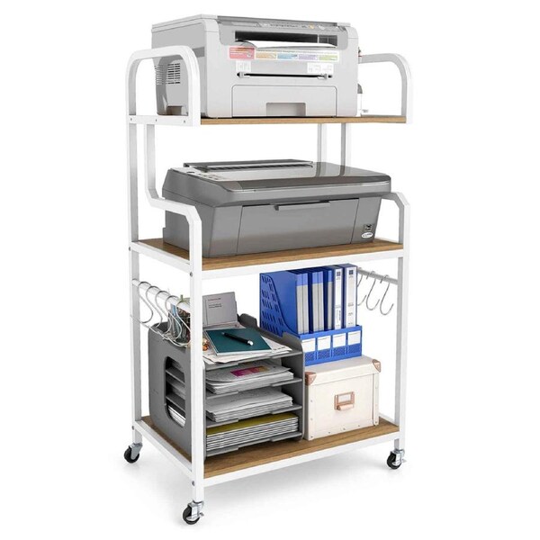 Costway 3 Tier Rolling Printer Stand 110cm Microwave Stand Cart Storage Shelves 10Hook Lockable Machine Table Natural