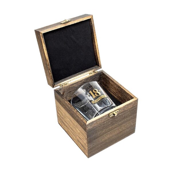 LMD 18th Birthday Celebration Gold Whisky Glass In Wood Box Gift 270ml