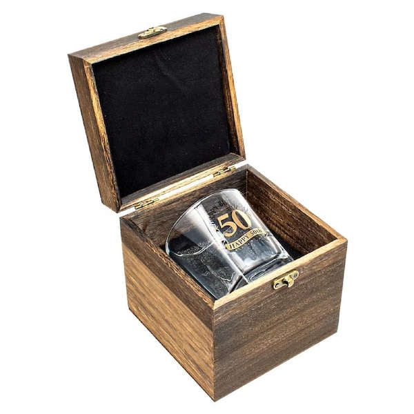 LMD 50th Birthday Celebration Gold Whisky Glass In Wood Box Gift 270ml