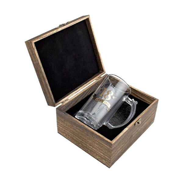 LMD 18th Birthday Celebration Gold Stein Glass In Wood Box Gift 490ml