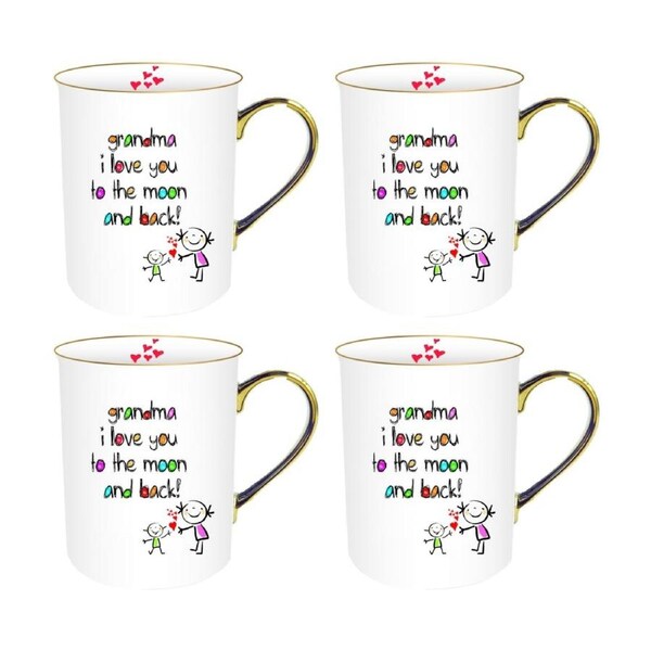 4PK LMD Grandma Crayon Bone China Ceramic White Cup Mug W/ Gold Handle 360ml