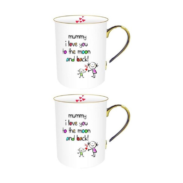 2PK LMD Mummy Crayon Bone China Ceramic White Cup Mug W/ Gold Handle Gift 360ml