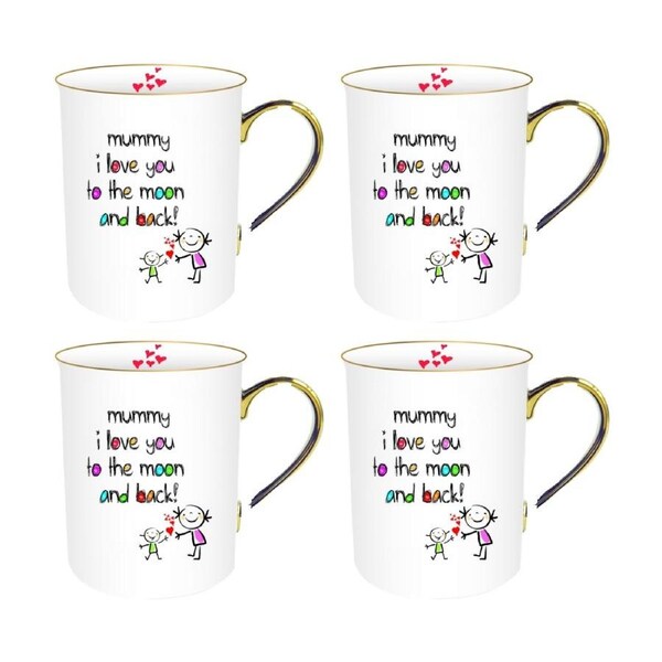 4PK LMD Mummy Crayon Bone China Ceramic White Cup Mug W/ Gold Handle Gift 360ml