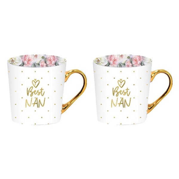 2PK LMD Beautiful Inside Out Best Nan Lilac Bone China Mug Gold Handle 325ml