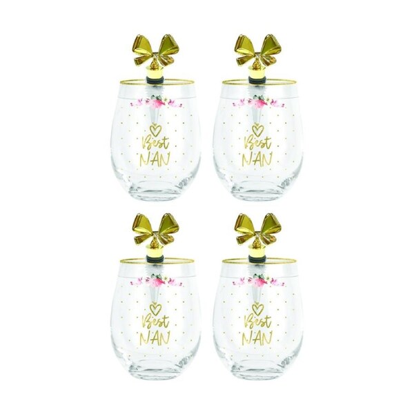 4PK LMD Beautiful Inside Out Best Nan Floral Stemless Glass Gold Stopper 600ml