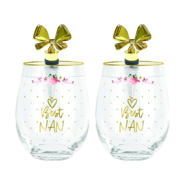 2PK LMD Beautiful Inside Out Best Nan Floral Stemless Glass Gold Stopper 600ml
