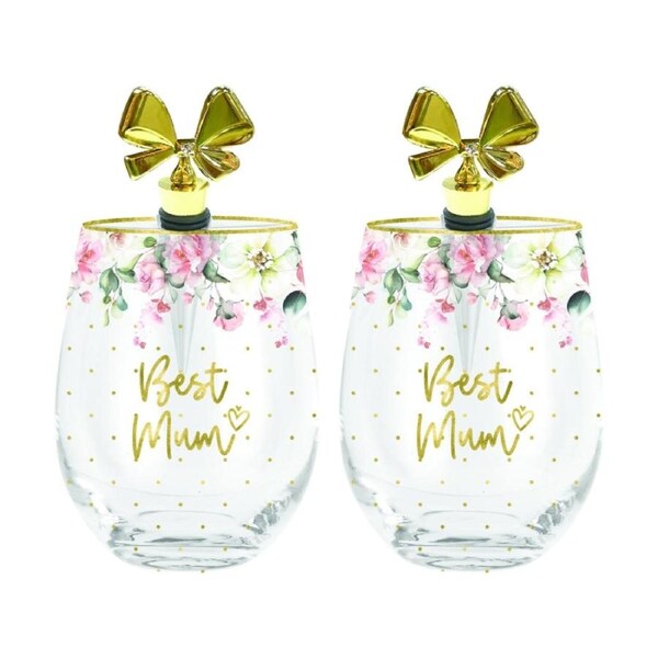 2PK LMD Beautiful Inside Out Best Mum Stemless Glass Gold Bow Stopper Gift 600ml