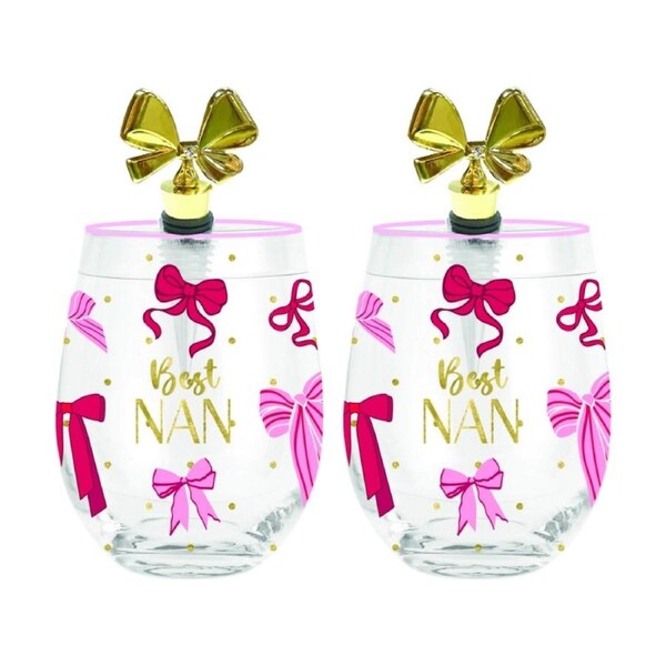 2PK LMD Ribbons Of Love Best Nan Stemless Glass W/ Gold Bow Stopper Gift 600ml