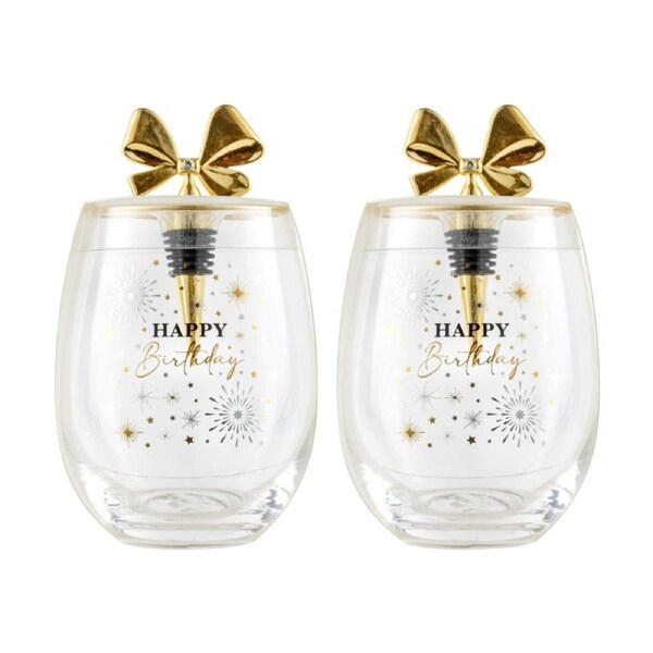 2PK LMD Happy Birthday Celebration Stemless Glass W/ Gold Bow Stopper 600ml