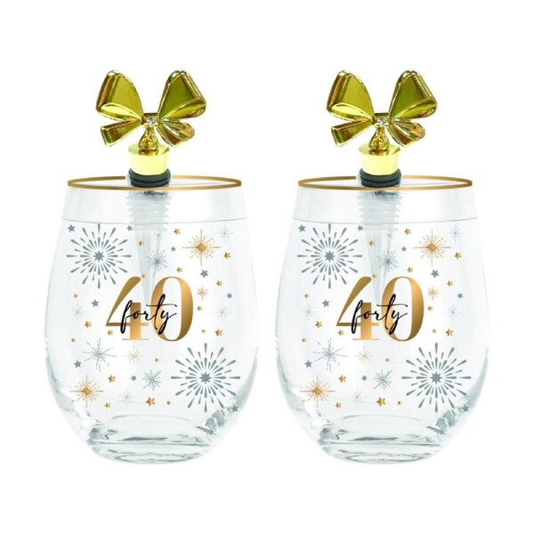 2PK LMD Birthday Celebration Stemless Glass W/ Gold Bow Stopper 600ml 40th