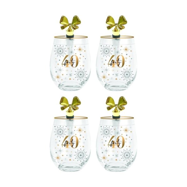 4PK LMD Birthday Celebration Stemless Glass W/ Gold Bow Stopper 600ml 40th