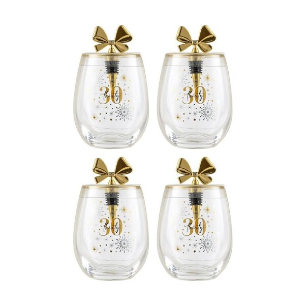 4PK LMD Birthday Celebration Stemless Glass W/ Gold Bow Stopper 600ml 30th