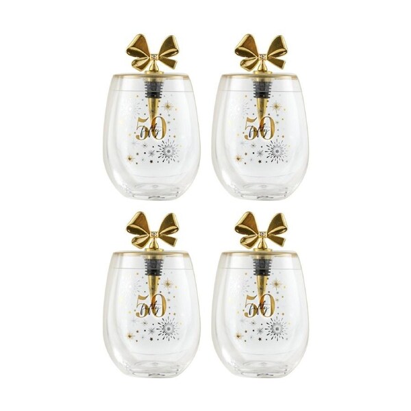 4PK LMD Birthday Celebration Stemless Glass W/ Gold Bow Stopper 600ml 50th