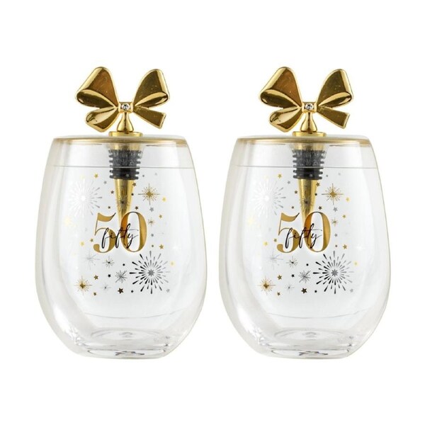 2PK LMD Birthday Celebration Stemless Glass W/ Gold Bow Stopper 600ml 50th