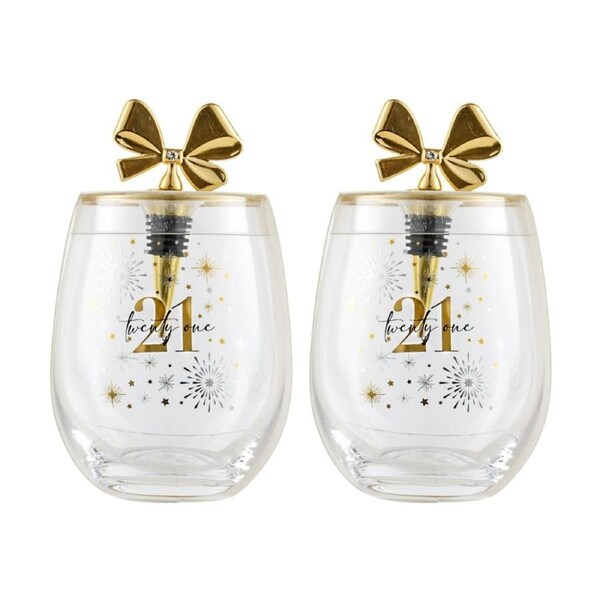 2PK LMD Birthday Celebration Stemless Glass W/ Gold Bow Stopper 600ml 21st