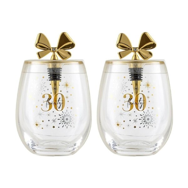 2PK LMD Birthday Celebration Stemless Glass W/ Gold Bow Stopper 600ml 30th