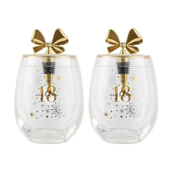 2PK LMD Birthday Celebration Stemless Glass W/ Gold Bow Stopper 600ml 18th
