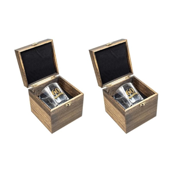2PK LMD 60th Birthday Celebration Gold Whisky Glass In Wood Box Gift 270ml