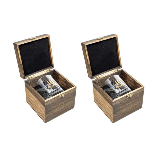 2PK LMD 40th Birthday Celebration Gold Whisky Glass In Wood Box Gift 270ml
