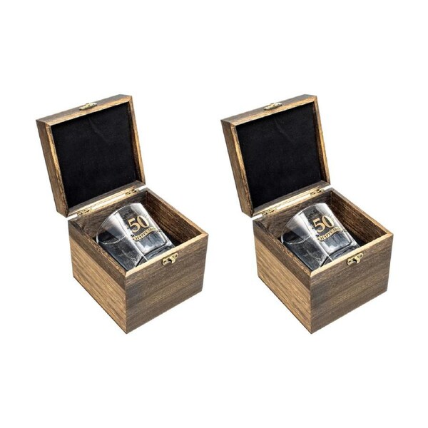 2PK LMD 50th Birthday Celebration Gold Whisky Glass In Wood Box Gift 270ml
