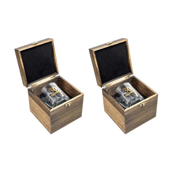 2PK LMD 30th Birthday Celebration Gold Whisky Glass In Wood Box Gift 270ml