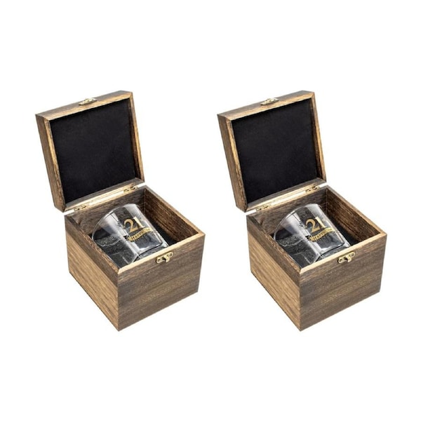 2PK LMD 21st Birthday Celebration Gold Whisky Glass In Wood Box Gift 270ml