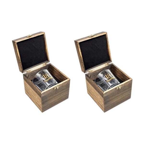 2PK LMD 18th Birthday Celebration Gold Whisky Glass In Wood Box Gift 270ml