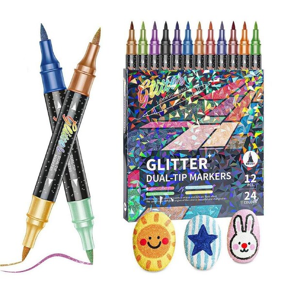 HOLALA 24 Colors Sparkling Markers Dual Tip Brush Pens for Cards DIY