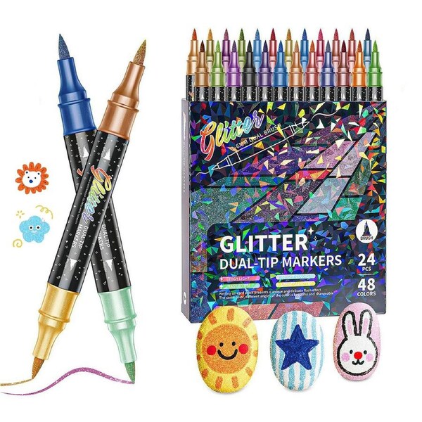 HOLALA 48 Colors Sparkling Markers Dual Tip Brush Pens for Cards DIY