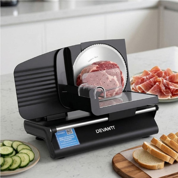 Devanti Meat Slicer Bread Vegetable, 200W Power 0-15mm Adjustable Easy Clean Stable, Black