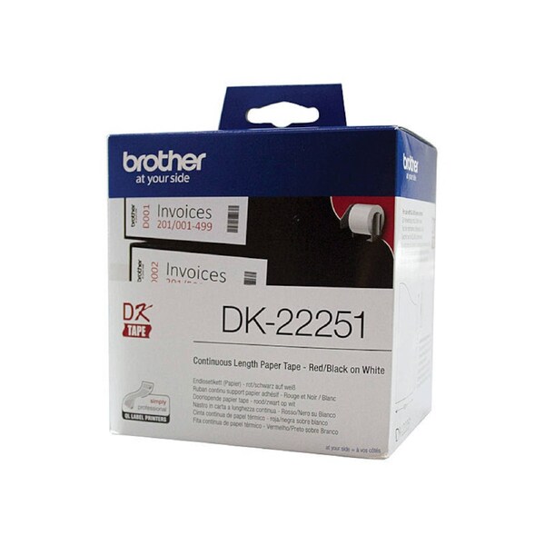 Brother DK-22251 Genuine Continuous White Paper Label Roll with Red/Black Printing - 62mm x 15.24m
